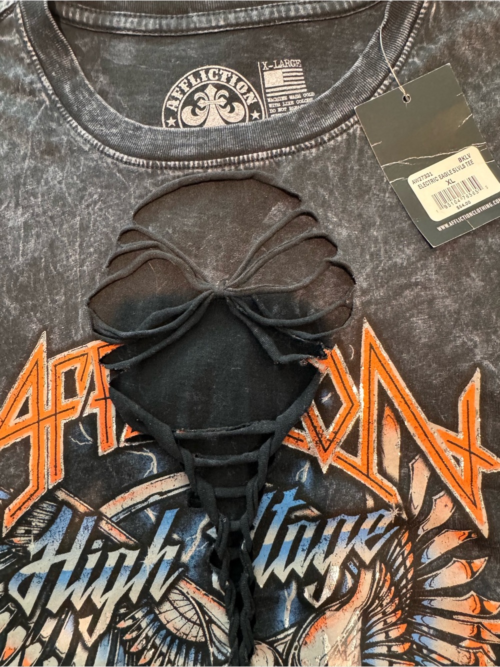 Affliction Black Lace-Up Graphic Tank with Orange & Blue Accents